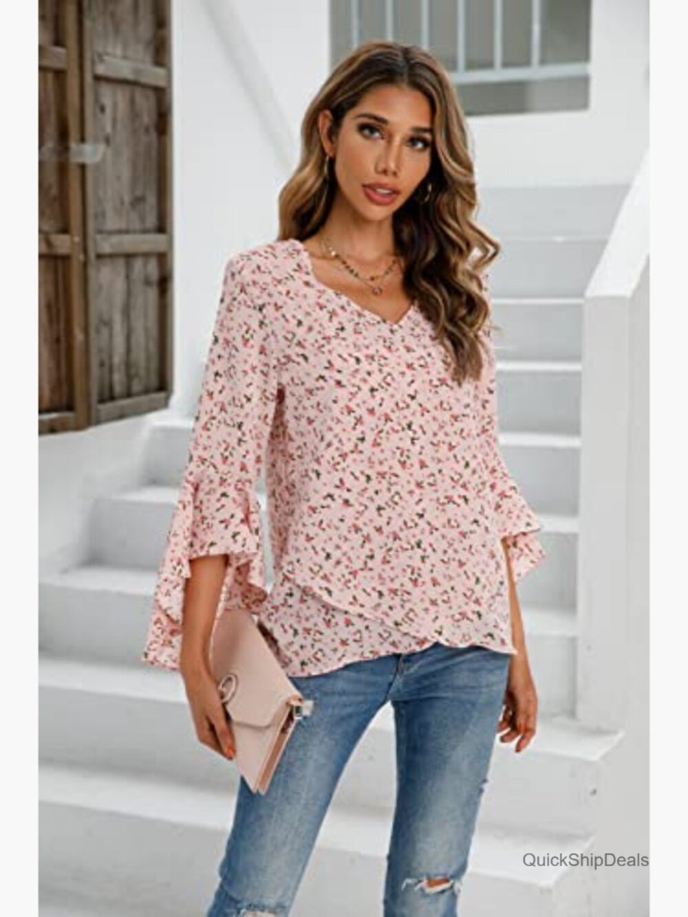 Floral V-Neck Bell Sleeve Blouse Dressy Casual T-Shirt - Picture 5 of 7